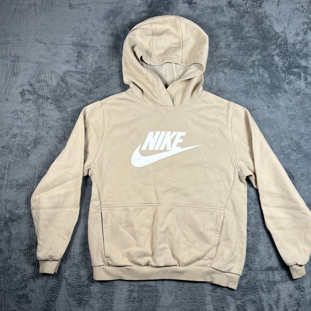 Nike Hoodie Youth XL Beige Fleece Lined Swoosh Logo Ribbed Running Athleisure
